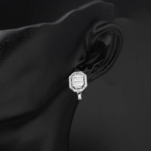 Köşeli 14 Ayar Beyaz Altın Baget Set - Resim 6