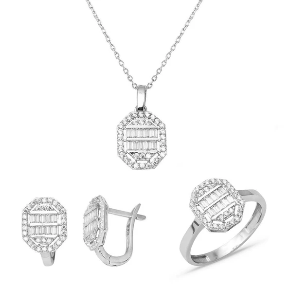 Köşeli 14 Ayar Beyaz Altın Baget Set ürün görseli 1