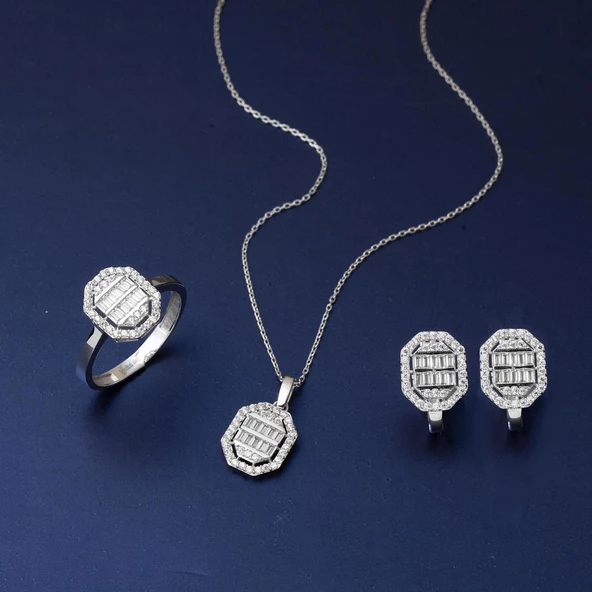 Köşeli 14 Ayar Beyaz Altın Baget Set - Resim 2