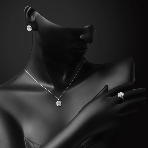 Köşeli 14 Ayar Beyaz Altın Baget Set - Resim 3