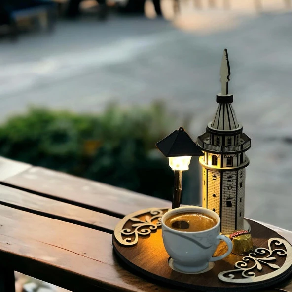 Hediyelik Şık IşıklıGalata Kulesi Motifli Kahve Sunumluğu (fincan dahil değildir)