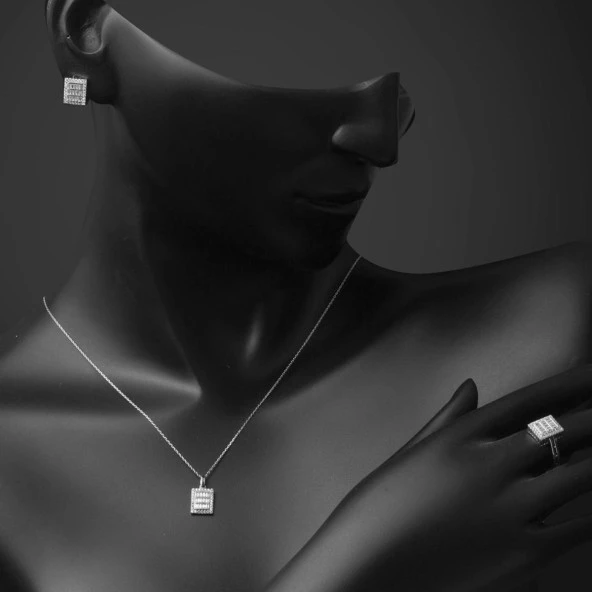 14 Ayar Beyaz Altın Baget Taşlı Spor Set - Resim 3