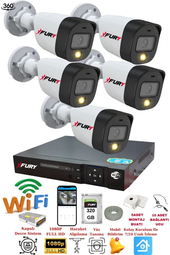 FURY 5 Kameralı Gece Renkli 1080P 2Mp Görüntü Full Hd Ultra Led Gece Renkli Güvenlik Kamerası Seti 320GB ürün görseli