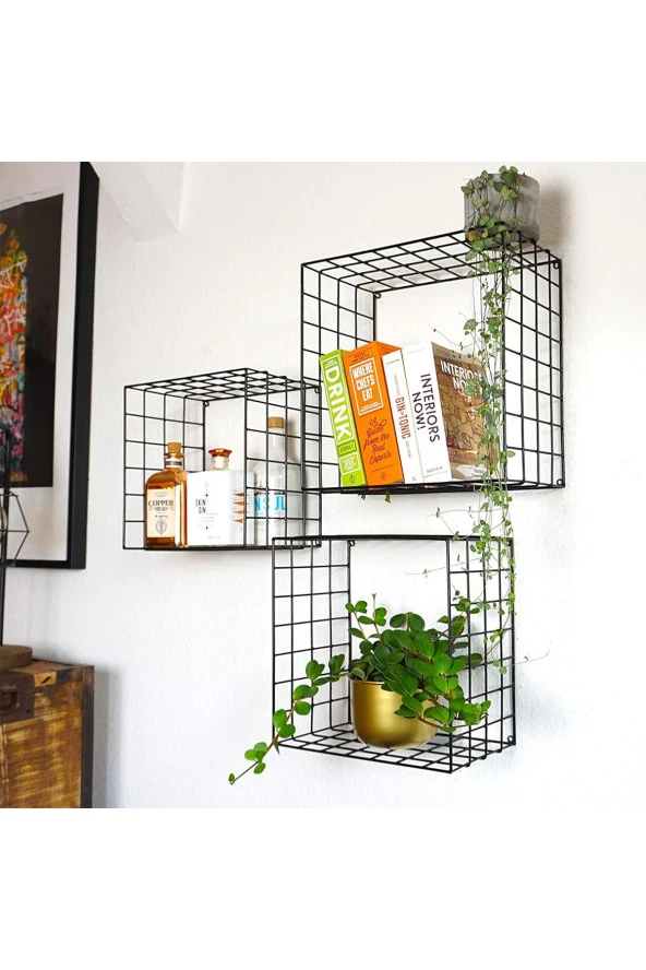 3'lü Set Siyah Tel Hasır Duvar Rafı 35/31/27 - 3