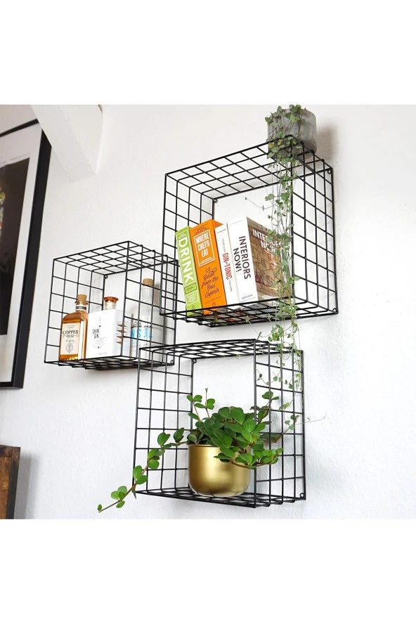 3'lü Set Siyah Tel Hasır Duvar Rafı 35/31/27 - 5
