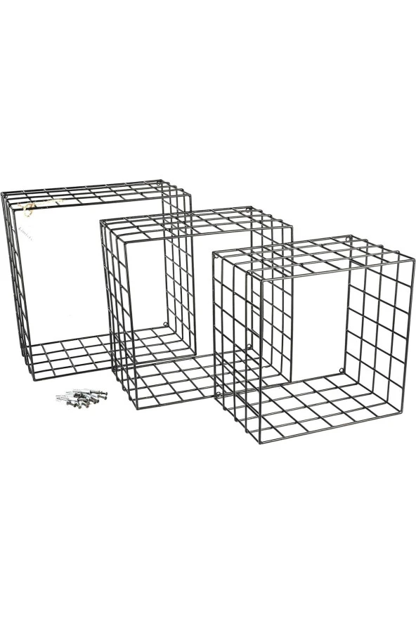 3'lü Set Siyah Tel Hasır Duvar Rafı 35/31/27 - 6