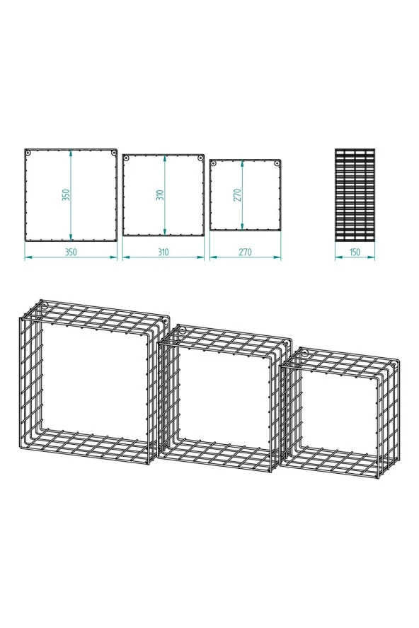 3'lü Set Siyah Tel Hasır Duvar Rafı 35/31/27 - 7