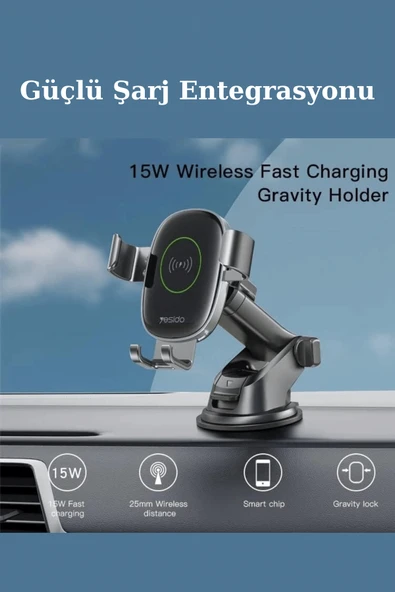 C123 15W Kablosuz Şarjlı Çift Tabanlı Araç Telefon Tutucu - Resim 4