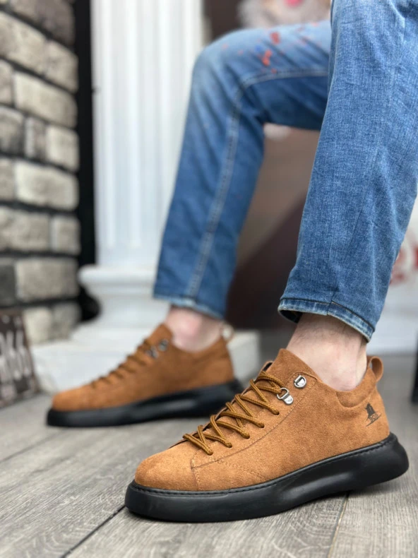 BA0331 Bağcıklı Erkek Yüksek Taban Taba Süet Siyah Taban Spor Ayakkabı - Resim 2