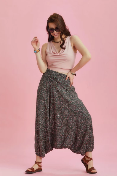 Drape Detay Beli Lastikli Antik Desenli Şalvar Pantolon