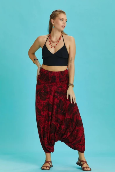 Gipe Bel Detaylı Bohem Kırmızı Desenli Şalvar Pantolon - 3