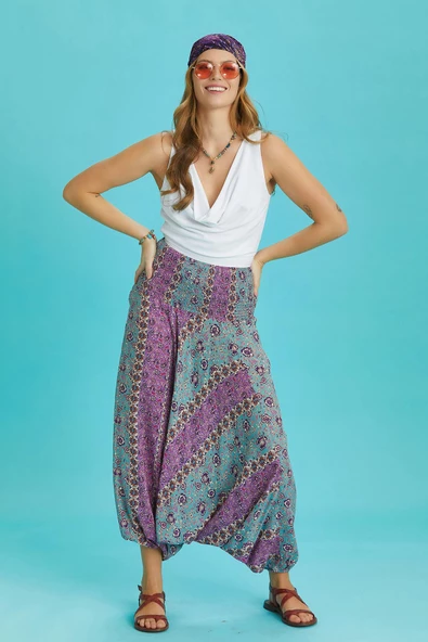 Gipe Bel Detaylı Bohem Çiçek Desenli Şalvar Pantolon - 3