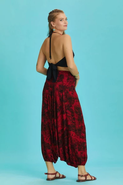 Gipe Bel Detaylı Bohem Kırmızı Desenli Şalvar Pantolon - 4