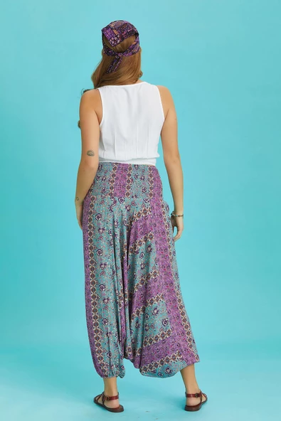 Gipe Bel Detaylı Bohem Çiçek Desenli Şalvar Pantolon - 4