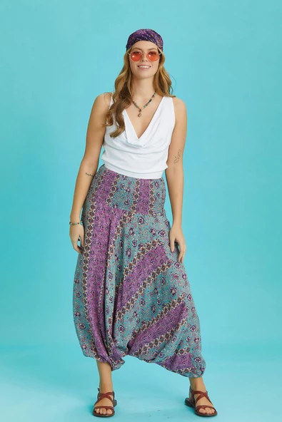 Gipe Bel Detaylı Bohem Çiçek Desenli Şalvar Pantolon - 2