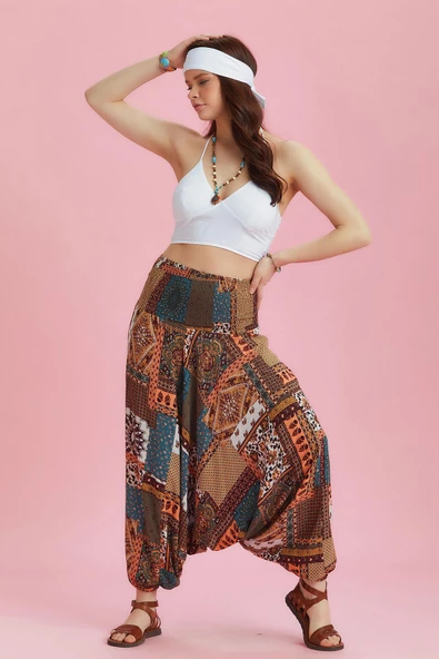 Gipe Bel Detaylı Bohem Desenli Şalvar Pantolon