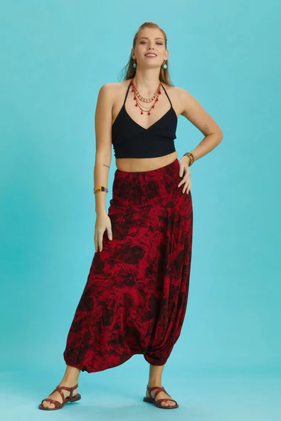 Gipe Bel Detaylı Bohem Kırmızı Desenli Şalvar Pantolon - 2