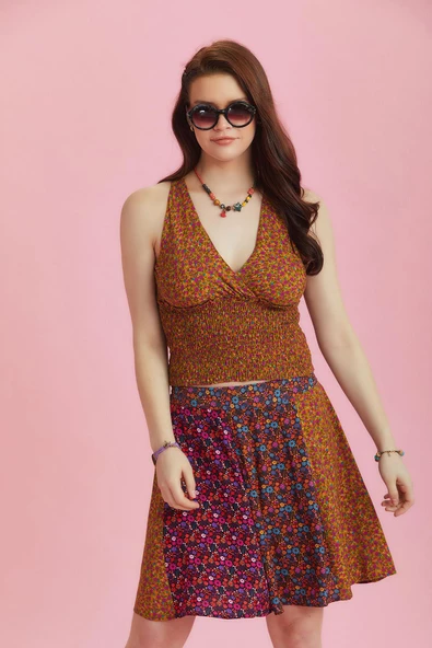 Desenli Patchwork Parçalı Mini Etek - 4