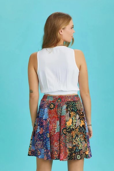 Krımızı Çiçek Desenli Patchwork Parçalı Mini Etek - 4