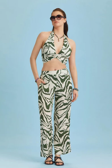 Düz Paça Yeşil Desenli Beli Lastikli Pantolon - 3