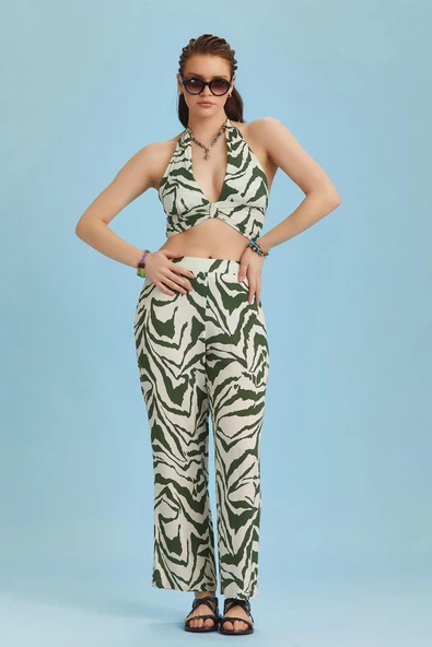 Düz Paça Yeşil Desenli Beli Lastikli Pantolon - 2