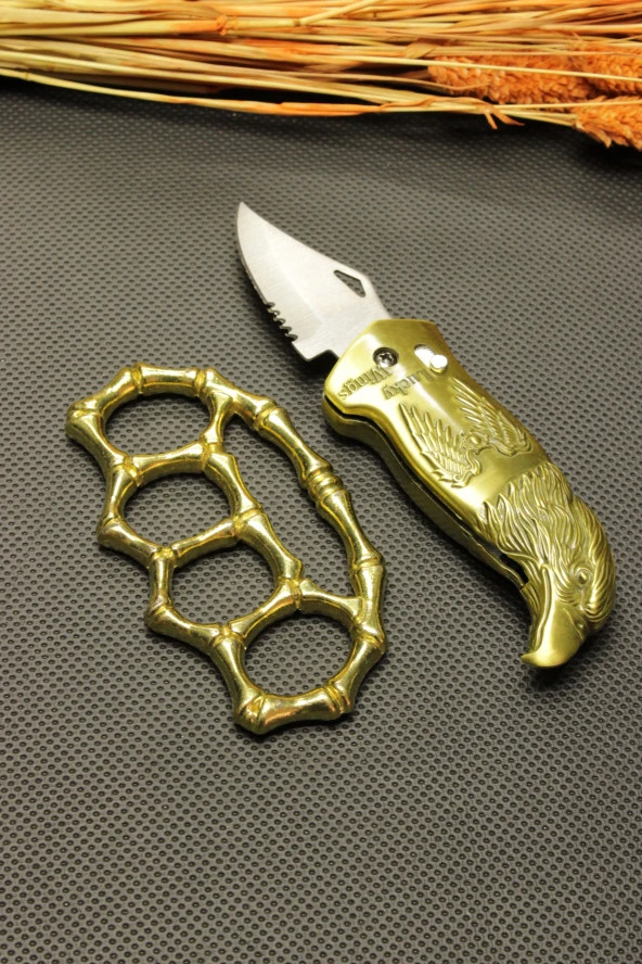 Kartal Figürlü Düğmeli Çakı ve Gold Kemik Mustalı Set