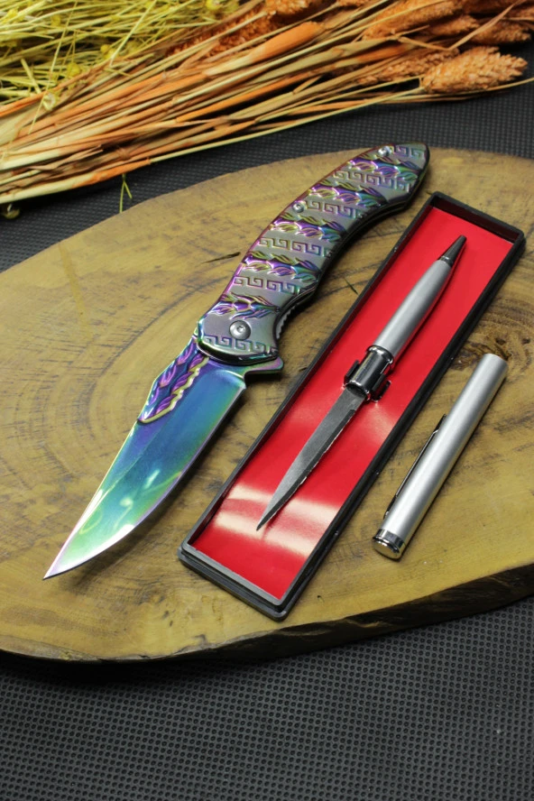 21 cm Gökkuşağı Komple Çelik Çakı ve Gizli Kalem Bıçak set