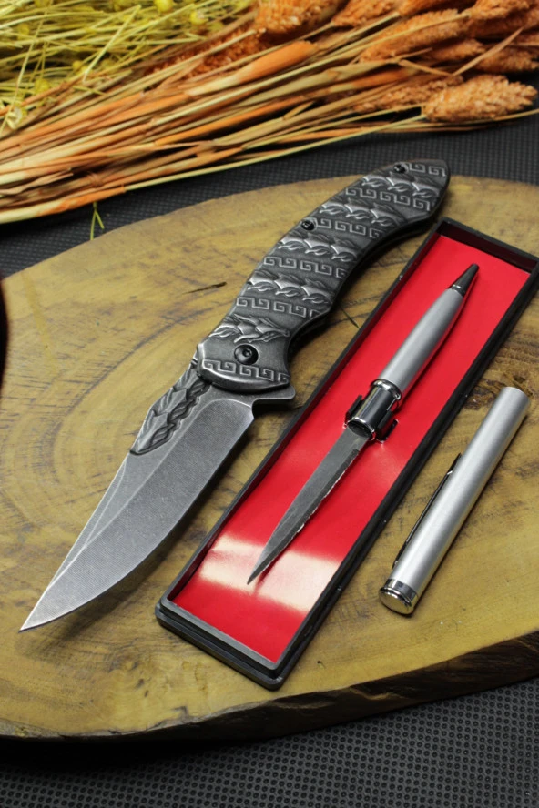 21 cm Siyah Komple Çelik Çakı ve Gizli Kalem Bıçak set