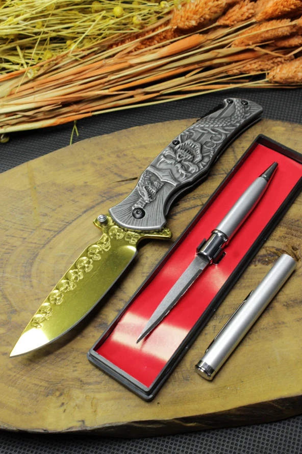 21 cm Gold Kuru Kafa Çakı ve Gizli Kalem Bıçak Seti