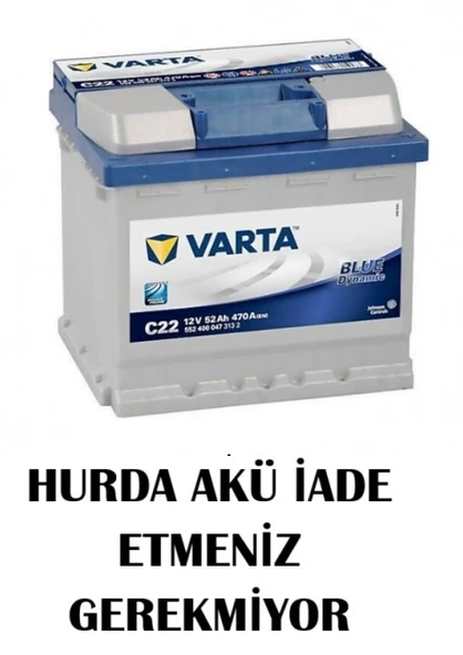 Varta Akü 12V 52 Ah Amper 470A C22 - Hurda Akü İadesi Gerekmiyor