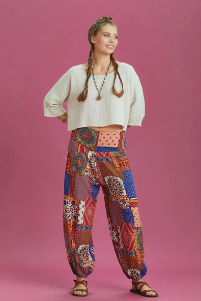 Mavi Desenli Beli Lastikli Salaş Şalvar Pantolon - 3