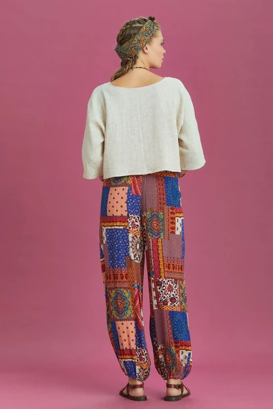 Mavi Desenli Beli Lastikli Salaş Şalvar Pantolon - 4