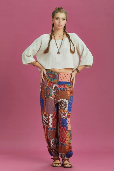 Mavi Desenli Beli Lastikli Salaş Şalvar Pantolon