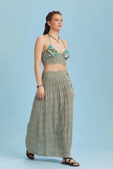 Arka Bel Lastikli Derin Yırtmaçlı Çiçek Desenli Etek - Resim 4