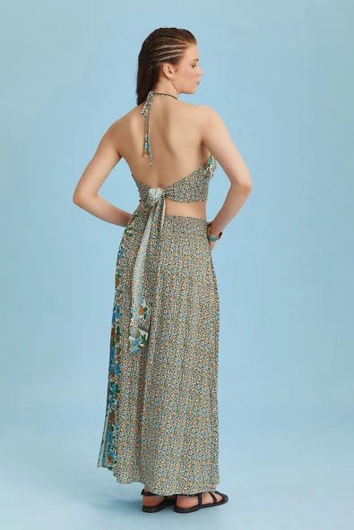 Arka Bel Lastikli Derin Yırtmaçlı Çiçek Desenli Etek - Resim 5