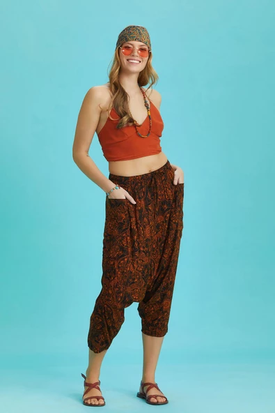 Turuncu Desenli Kadın Kapri Şalvar Pantolon - 3