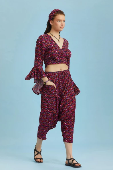 Kırmızı Çiçekli Kadın Kapri Şalvar Pantolon - 2