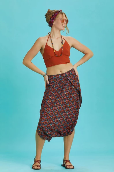 Çiçek Desenli Düşük Bel Etek Pantolon - 2