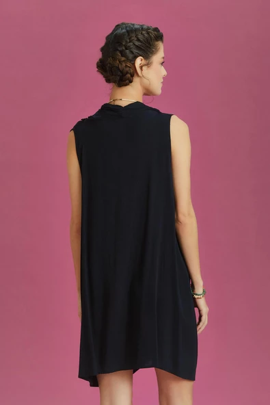 Degaje Yaka Siyah Anvelop Tunik Elbise - Resim 4