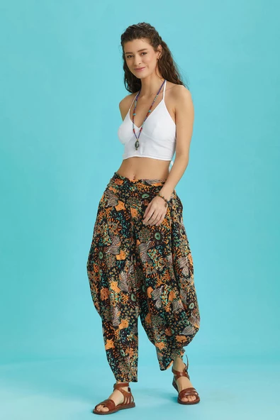 Drape Bel Dökümlü Çiçek Desenli Kadın Şalvar Pantolon - 3