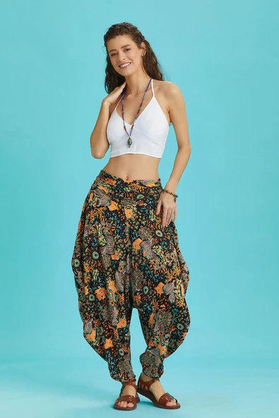 Drape Bel Dökümlü Çiçek Desenli Kadın Şalvar Pantolon - 2