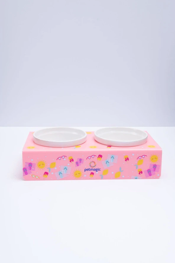 Petmagic Akrilik Pleksi Evcil Hayvan Beyaz Seramik Kaseli Kedi Mini Köpek Mama Su Kabı- Pembe Plaj ürün görseli
