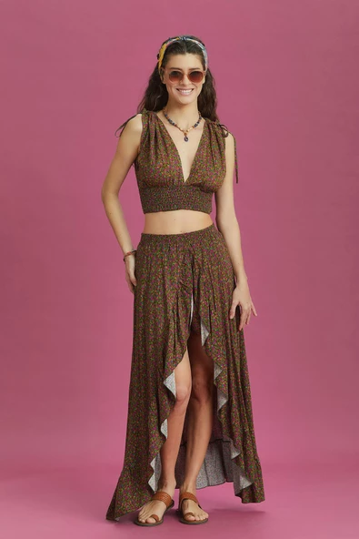 Derin Ön Yırtmaçlı Fırfırlı Çiçekli Çingene Etek - Resim 2