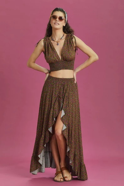 Derin Ön Yırtmaçlı Fırfırlı Çiçekli Çingene Etek ürün görseli 1