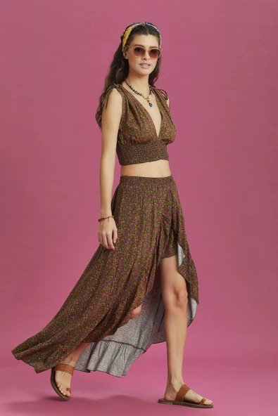 Derin Ön Yırtmaçlı Fırfırlı Çiçekli Çingene Etek - Resim 3