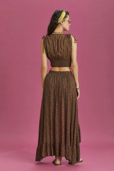 Derin Ön Yırtmaçlı Fırfırlı Çiçekli Çingene Etek - Resim 4