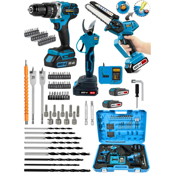 Eisenn Germany BL Motor 3lü Set Budama Makası 40 mm + Yağ Pompalı Dal Kesme + Matkap 13 MM Akülü Set