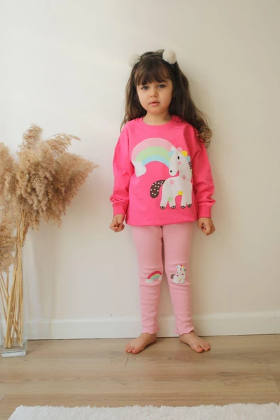 KIZ ÇOCUK GÖKKUŞAĞI MODELLİ TAYTLI PAMUK TAKIM - Resim 3