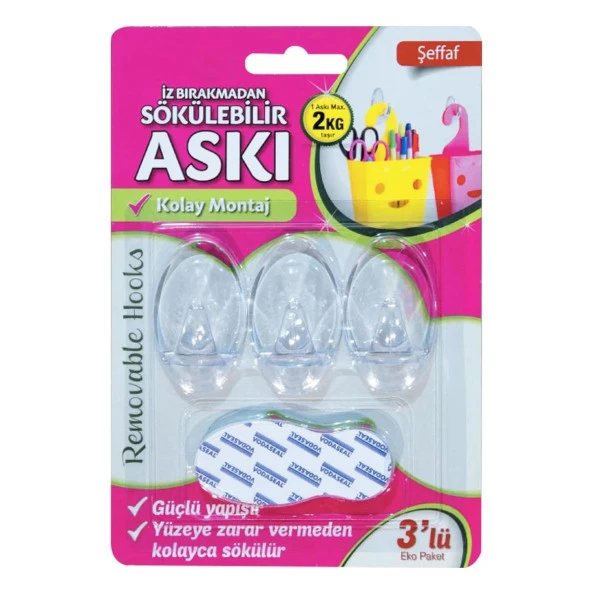 Yapışkanlı Banyo Lavabo Mutfak Askılık Şeffaf Plastik Sağlam Asma İz Bırakmayan Askı 3 Adetli Set - 5