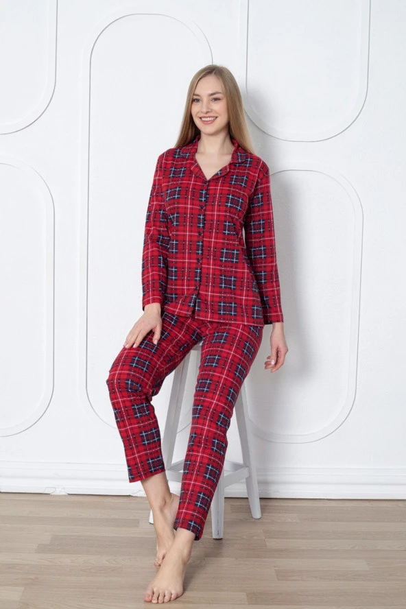 Dreamy Pamuklu Ekoseli Uzun Kollu Önden Düğmeli Gömlek Pijama Takımı